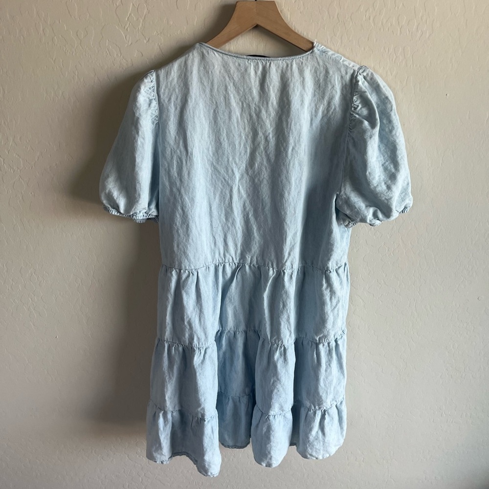 Zara Blue Linen Blend Womens Puff Sleeve Mini Sundress - Picture 6 of 6